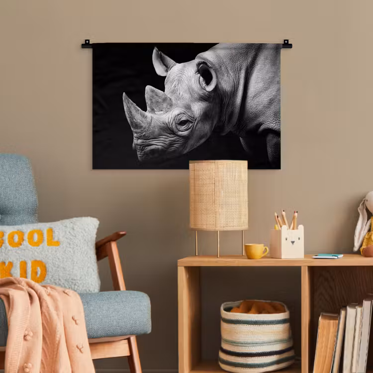 Dieren - Neushoorn - Zwart - Wit - Portret Wandkleed katoen klein -wsfeer4_kind