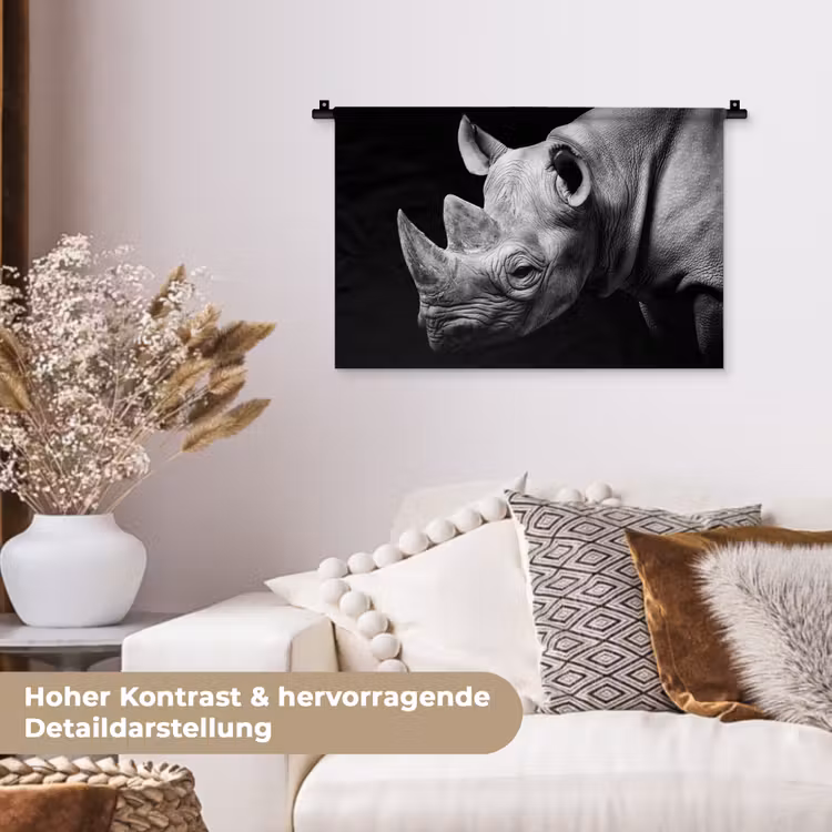 Dieren - Neushoorn - Zwart - Wit - Portret Wandkleed katoen klein -tsfeer1_DE