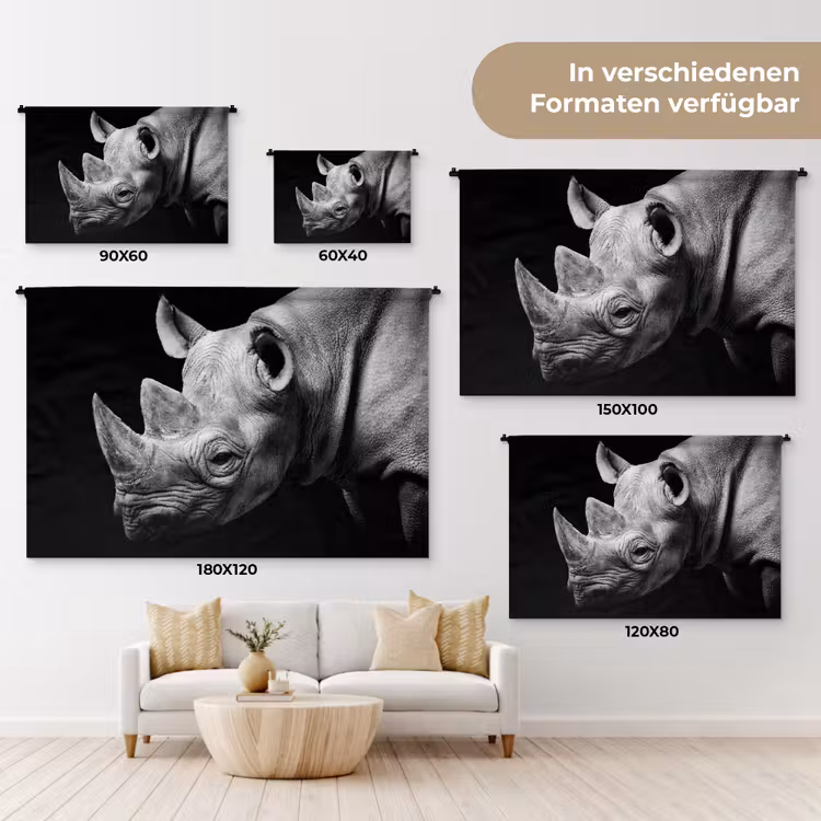 Dieren - Neushoorn - Zwart - Wit - Portret Wandkleed katoen klein -tsfeer8_DE