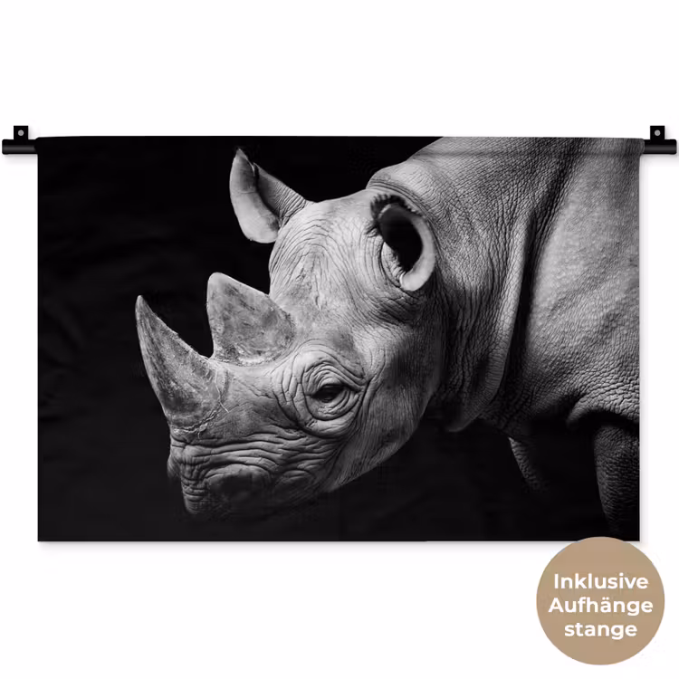 Dieren - Neushoorn - Zwart - Wit - Portret Wandkleed katoen klein -t3d_DE