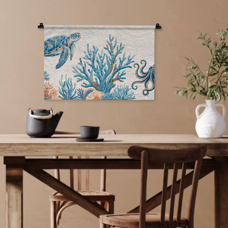 Dieren - Onderwater - Natuur - Mozaïek - Blauw Wandkleed katoen klein -sfeer6
