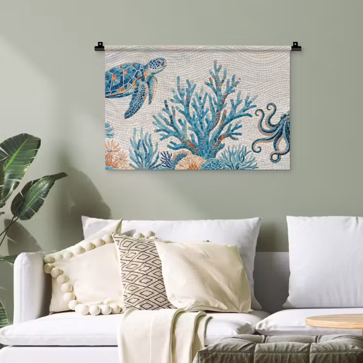 Dieren - Onderwater - Natuur - Mozaïek - Blauw Wandkleed katoen klein -sfeer7