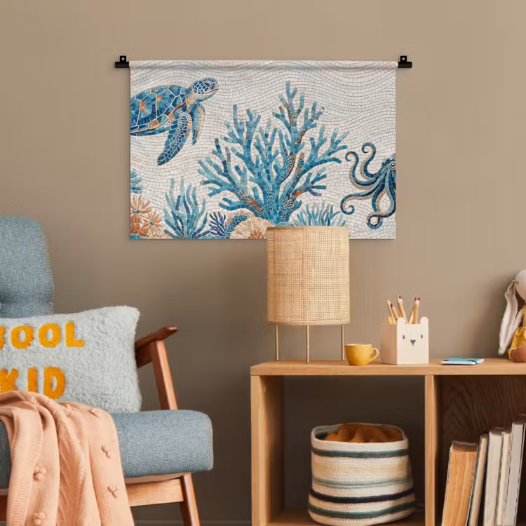 Dieren - Onderwater - Natuur - Mozaïek - Blauw Wandkleed katoen klein -wsfeer4_kind