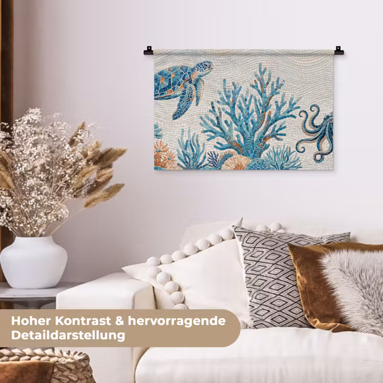 Dieren - Onderwater - Natuur - Mozaïek - Blauw Wandkleed katoen klein -tsfeer1_DE