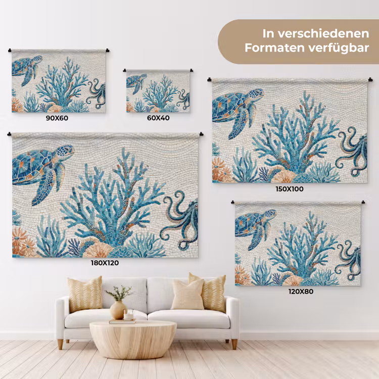 Dieren - Onderwater - Natuur - Mozaïek - Blauw Wandkleed katoen klein -tsfeer8_DE