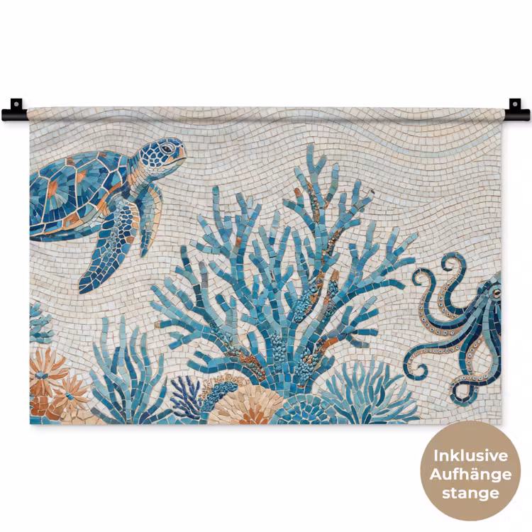 Dieren - Onderwater - Natuur - Mozaïek - Blauw Wandkleed katoen klein -t3d_DE