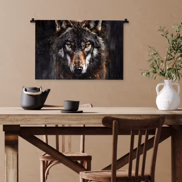 Dieren - Wolf - Portret - Zwart - Bruin Wandkleed katoen klein -sfeer6