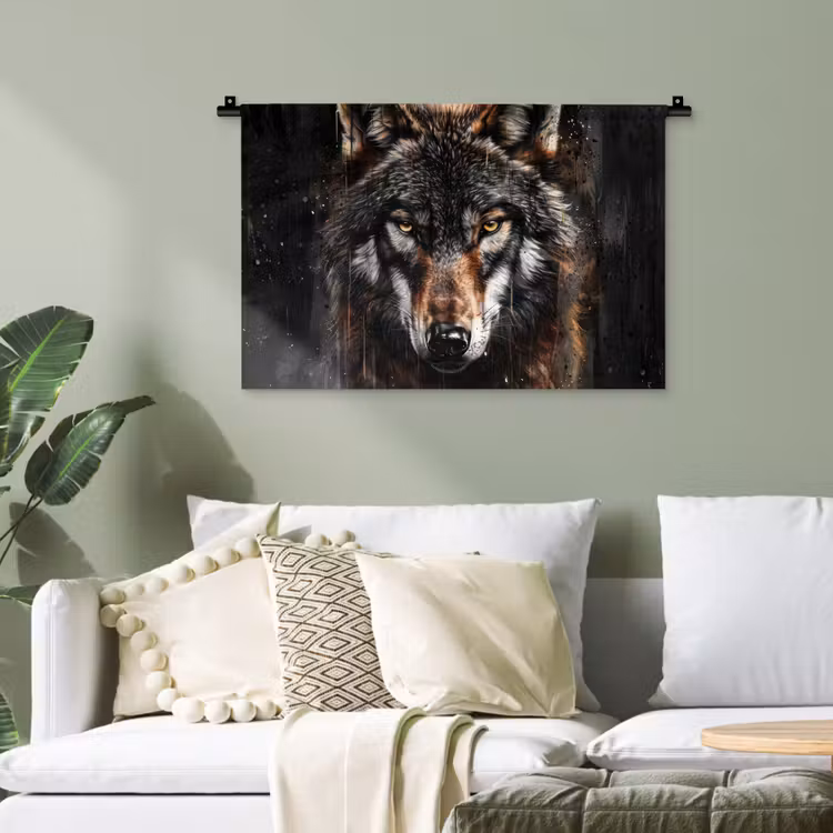 Dieren - Wolf - Portret - Zwart - Bruin Wandkleed katoen klein -sfeer7