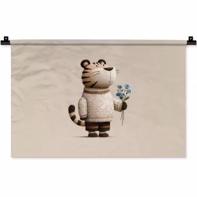 Tijger - Blauwe bloemen - Rustig Wandkleed katoen klein -zz3d