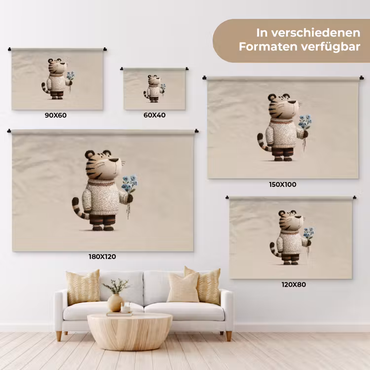 Tijger - Blauwe bloemen - Rustig Wandkleed katoen klein -tsfeer8_DE
