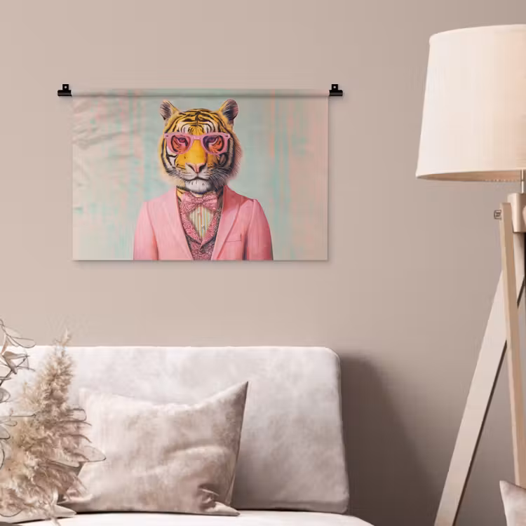 Tijger - Strik - Jasje - Roze Wandkleed katoen klein -sfeer4