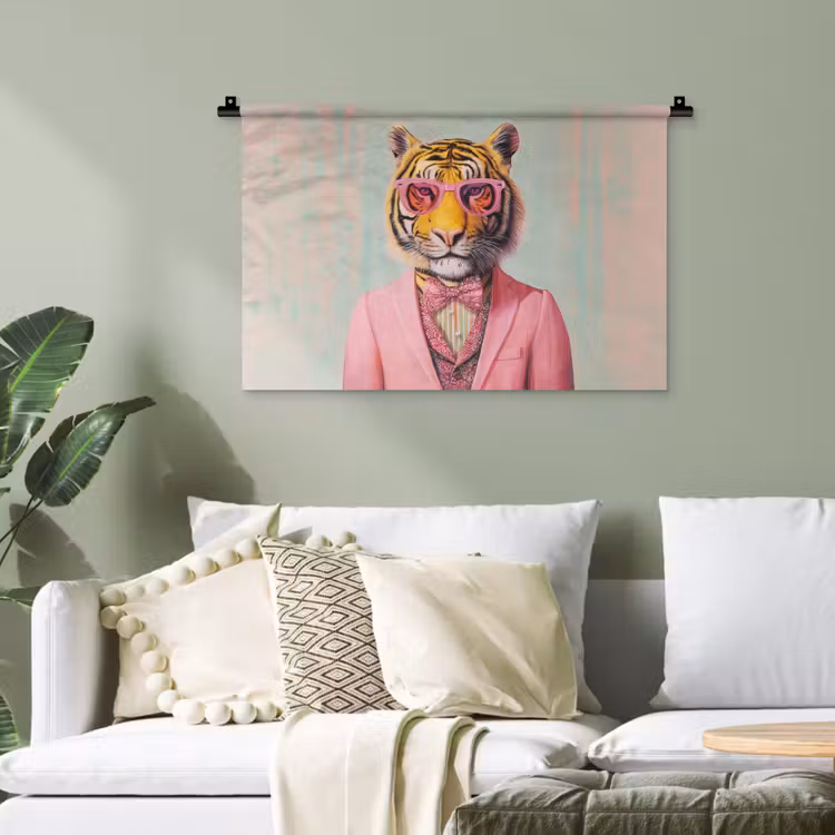 Tijger - Strik - Jasje - Roze Wandkleed katoen klein -sfeer7