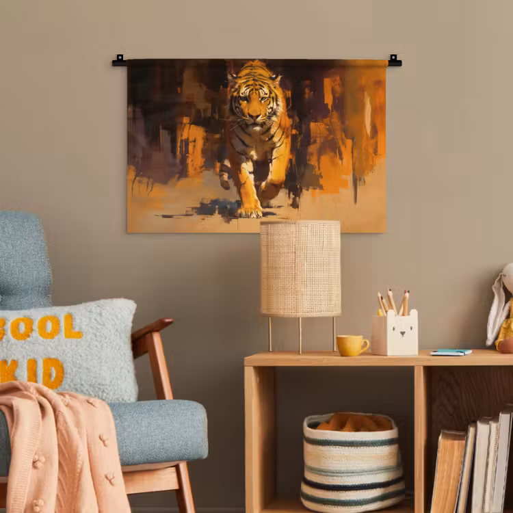 Tijger - Geschilderd - Oranje - Penseelstreken Wandkleed katoen klein -wsfeer4_kind