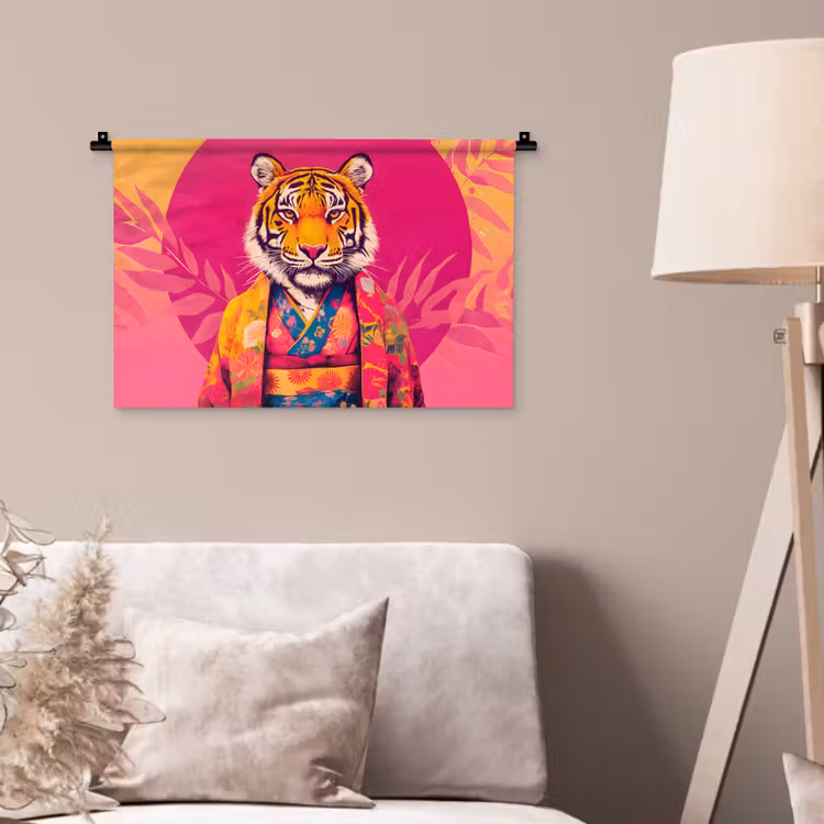 Tijger - Kimono - Planten - Roze Wandkleed katoen klein -sfeer4