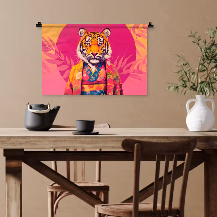 Tijger - Kimono - Planten - Roze Wandkleed katoen klein -sfeer6