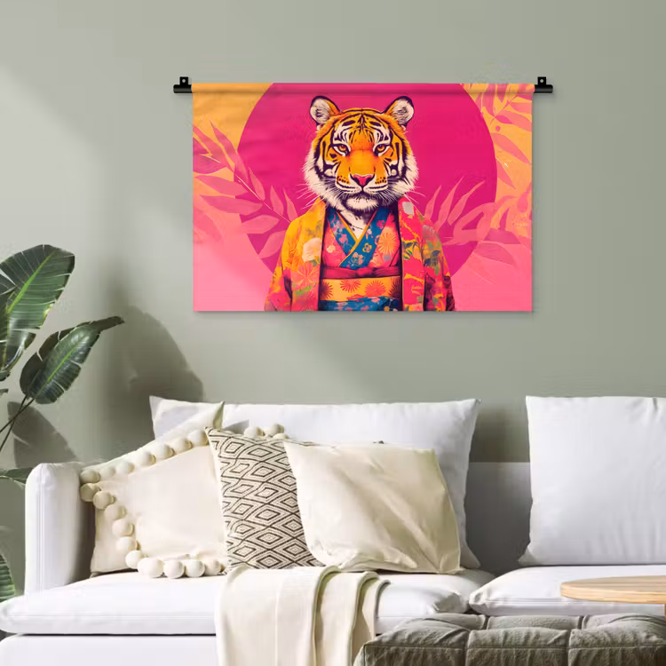 Tijger - Kimono - Planten - Roze Wandkleed katoen klein -sfeer7