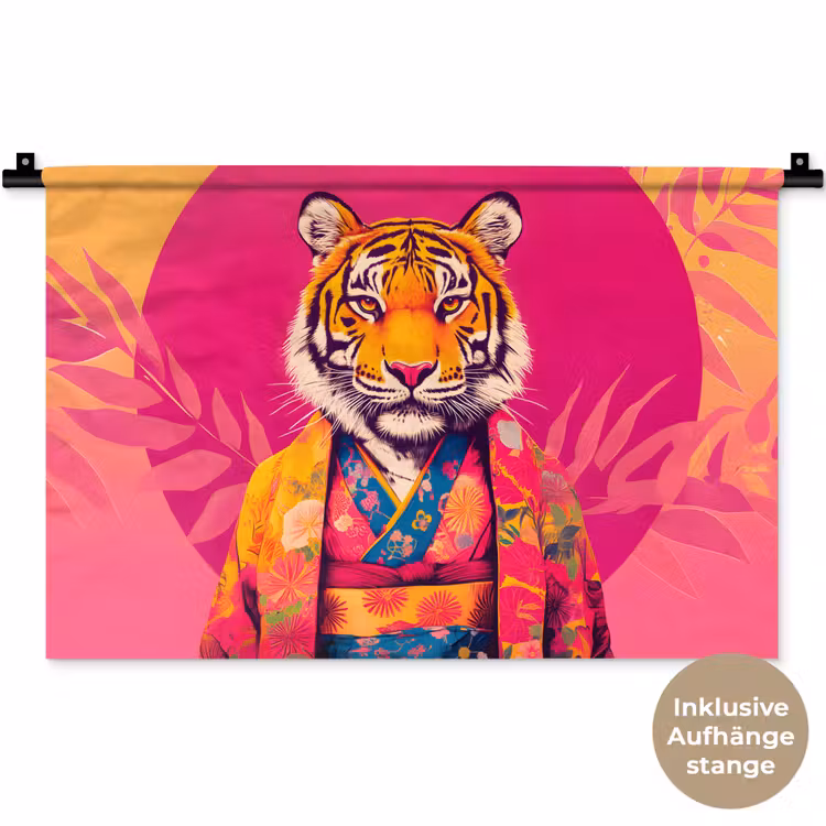 Tijger - Kimono - Planten - Roze Wandkleed katoen klein -t3d_DE