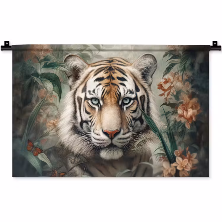 Tijger - Vlinders - Dieren - Jungle - Bloemen Wandkleed katoen klein -zz3d