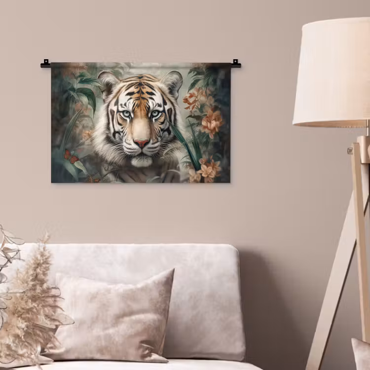 Tijger - Vlinders - Dieren - Jungle - Bloemen Wandkleed katoen klein -sfeer4
