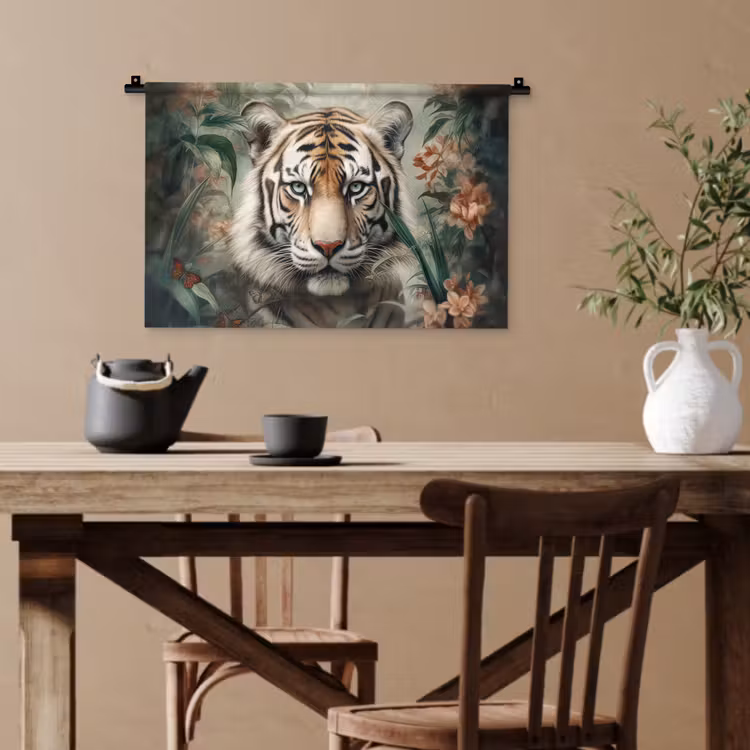 Tijger - Vlinders - Dieren - Jungle - Bloemen Wandkleed katoen klein -sfeer6