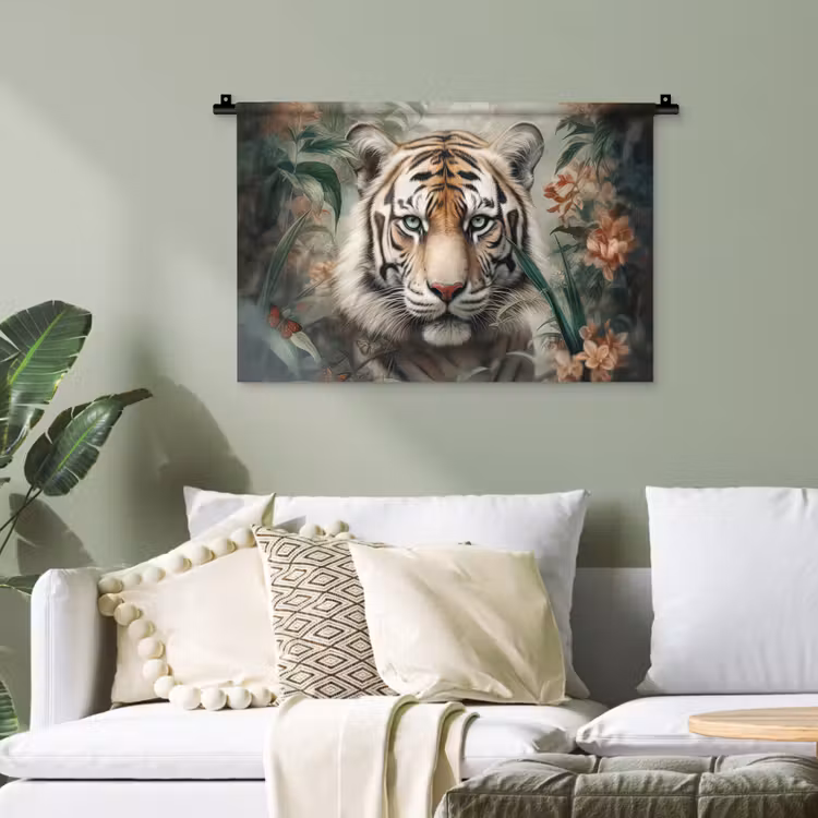 Tijger - Vlinders - Dieren - Jungle - Bloemen Wandkleed katoen klein -sfeer7