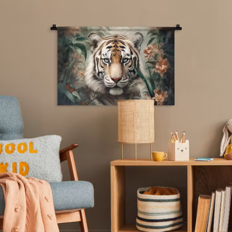 Tijger - Vlinders - Dieren - Jungle - Bloemen Wandkleed katoen klein -wsfeer4_kind