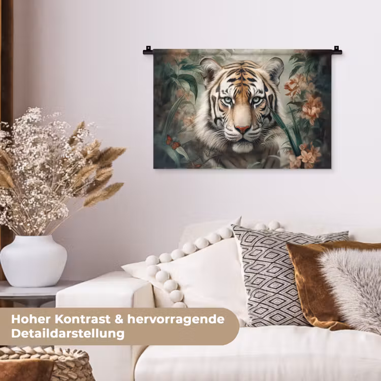 Tijger - Vlinders - Dieren - Jungle - Bloemen Wandkleed katoen klein -tsfeer1_DE