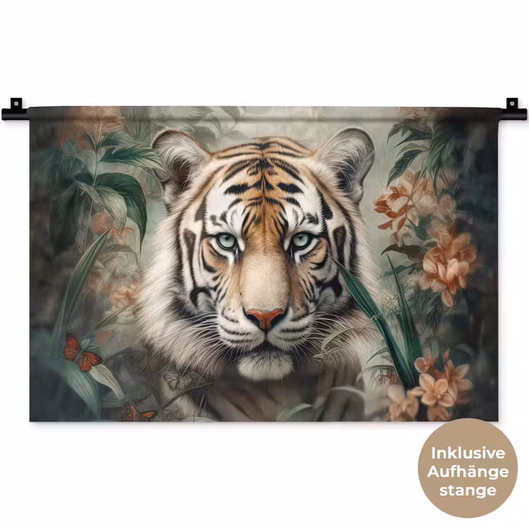 Tijger - Vlinders - Dieren - Jungle - Bloemen Wandkleed katoen klein -t3d_DE