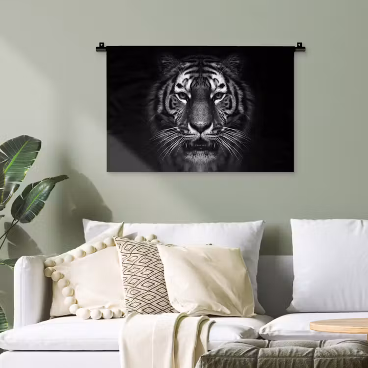 Tijger - Dieren - Zwart - Wit - Portret - Wild Wandkleed katoen klein -sfeer7