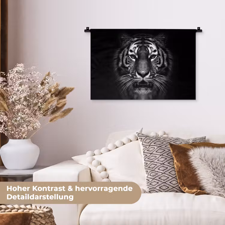 Tijger - Dieren - Zwart - Wit - Portret - Wild Wandkleed katoen klein -tsfeer1_DE
