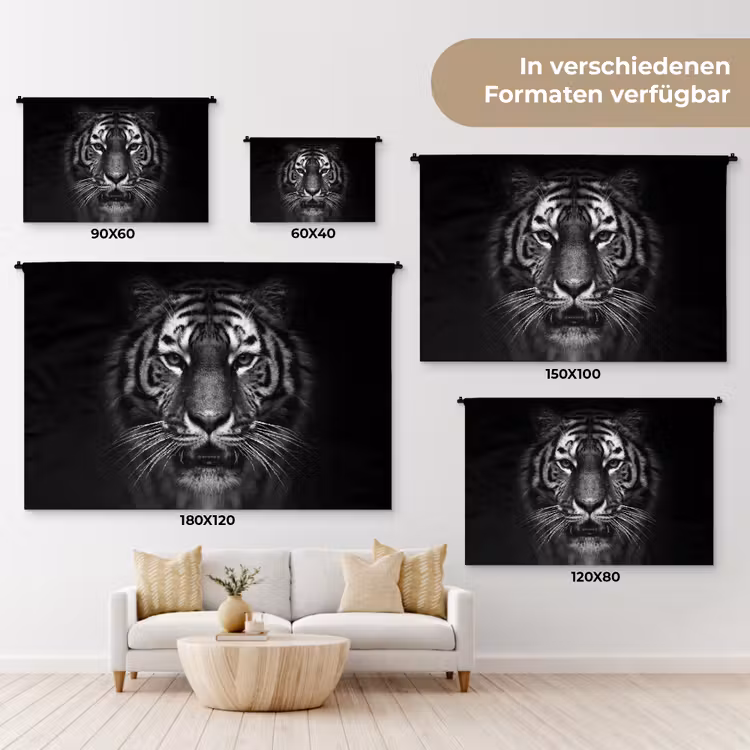 Tijger - Dieren - Zwart - Wit - Portret - Wild Wandkleed katoen klein -tsfeer8_DE