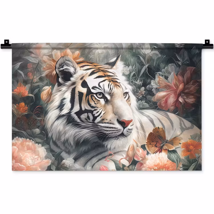 Tijger - Wilde dieren - Bloemen - Jungle Wandkleed katoen klein -zz3d