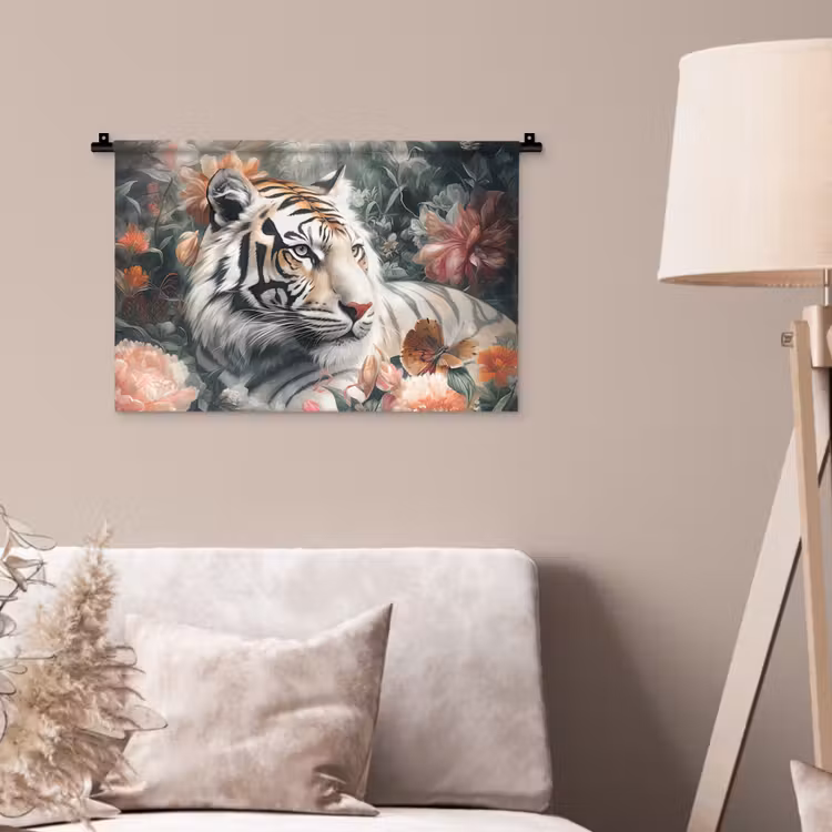 Tijger - Wilde dieren - Bloemen - Jungle Wandkleed katoen klein -sfeer4