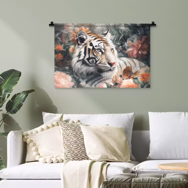 Tijger - Wilde dieren - Bloemen - Jungle Wandkleed katoen klein -sfeer7