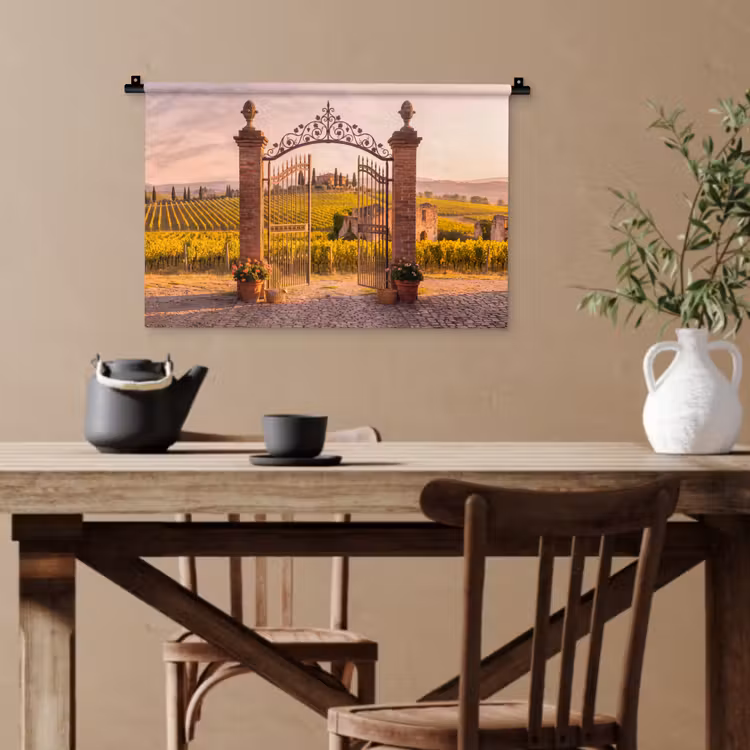 Poort - Landschap - Platteland - Zonlicht - Warm Wandkleed katoen klein -sfeer6
