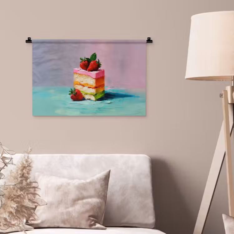 Taartje - Aardbeien - Glazuur - Kleurrijk Wandkleed katoen klein -sfeer4