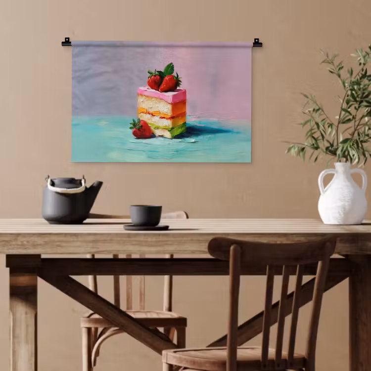 Taartje - Aardbeien - Glazuur - Kleurrijk Wandkleed katoen klein -sfeer6