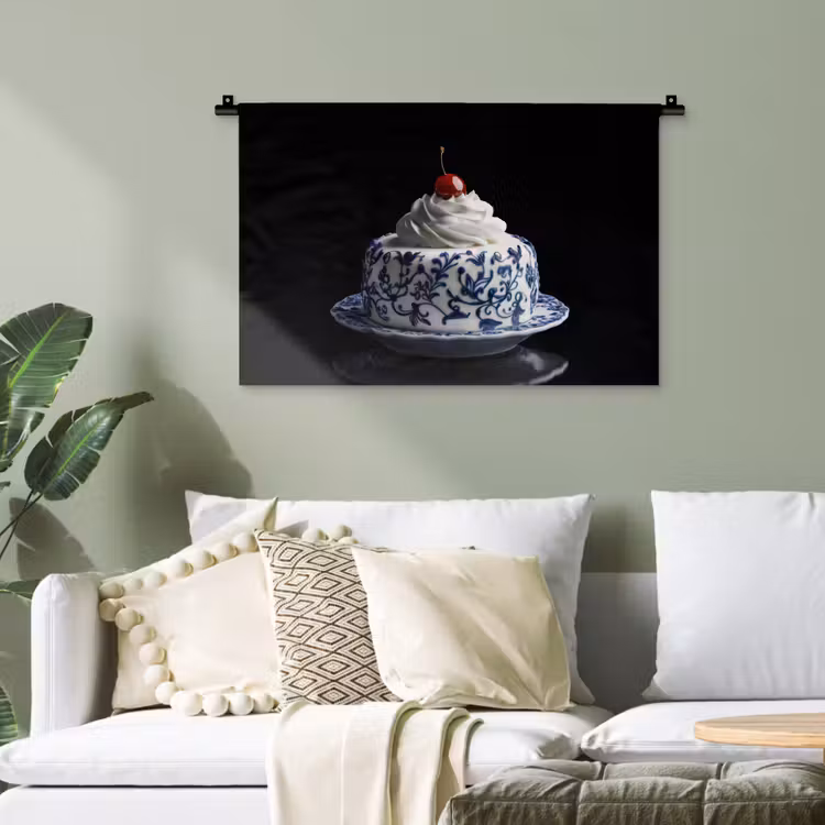 Taart - Slagroom - Kers - Bord - Delfts blauw Wandkleed katoen klein -sfeer7