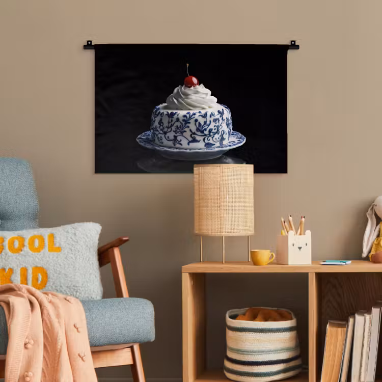Taart - Slagroom - Kers - Bord - Delfts blauw Wandkleed katoen klein -wsfeer4_kind