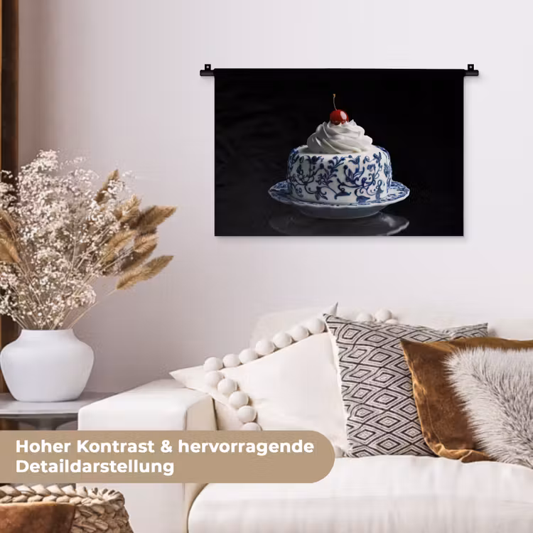 Taart - Slagroom - Kers - Bord - Delfts blauw Wandkleed katoen klein -tsfeer1_DE