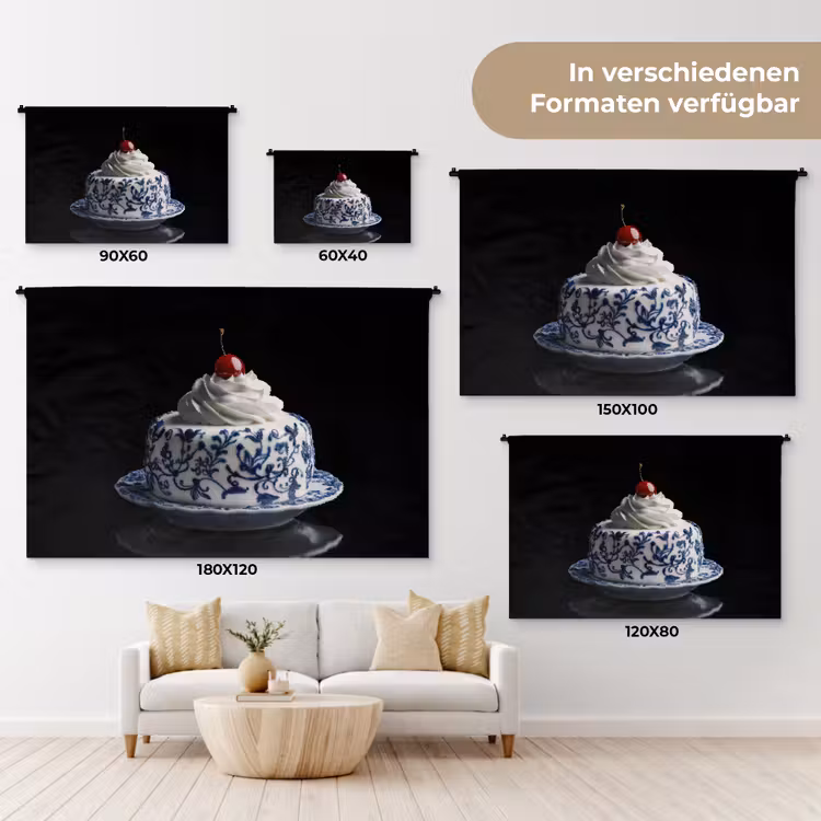 Taart - Slagroom - Kers - Bord - Delfts blauw Wandkleed katoen klein -tsfeer8_DE