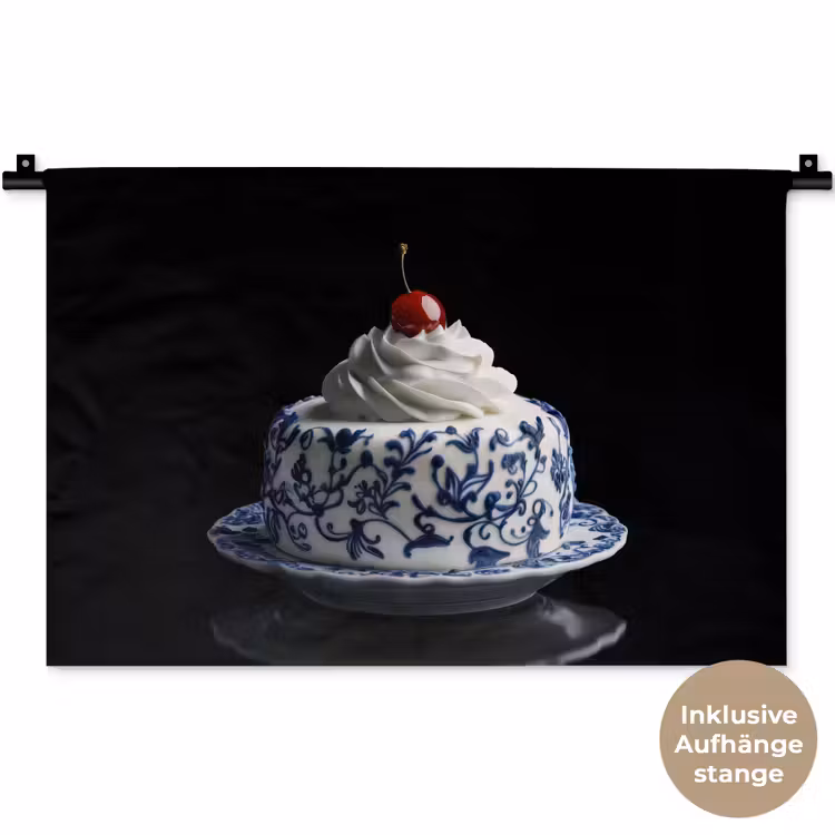 Taart - Slagroom - Kers - Bord - Delfts blauw Wandkleed katoen klein -t3d_DE