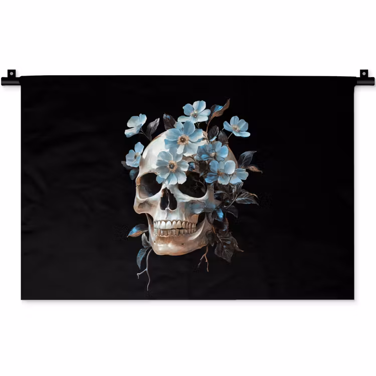 Schedel - Blauw - Bloemen - Bladeren Wandkleed katoen klein -zz3d