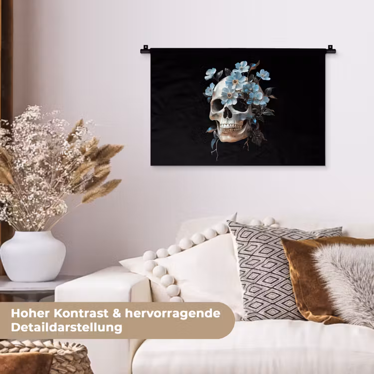 Schedel - Blauw - Bloemen - Bladeren Wandkleed katoen klein -tsfeer1_DE