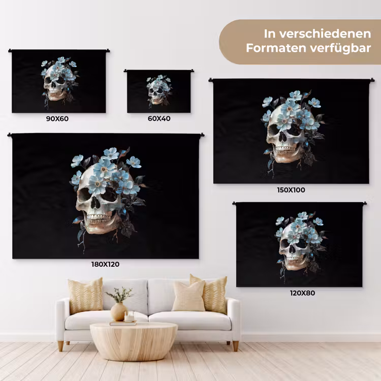 Schedel - Blauw - Bloemen - Bladeren Wandkleed katoen klein -tsfeer8_DE