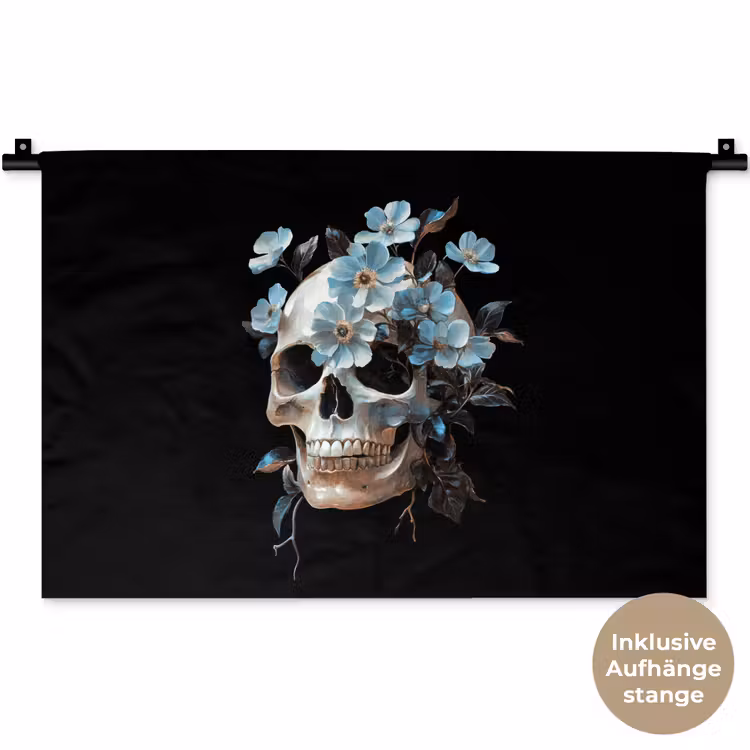 Schedel - Blauw - Bloemen - Bladeren Wandkleed katoen klein -t3d_DE