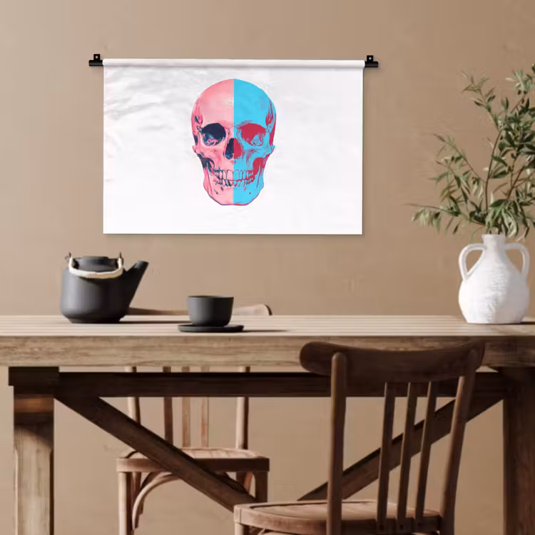 Schedel - Grafisch - Roze - Verdeeld Wandkleed katoen klein -sfeer6