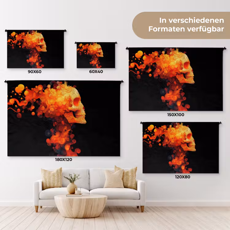 Schedel - Oranje - Zijaanzicht - Vlammen Wandkleed katoen klein -tsfeer8_DE