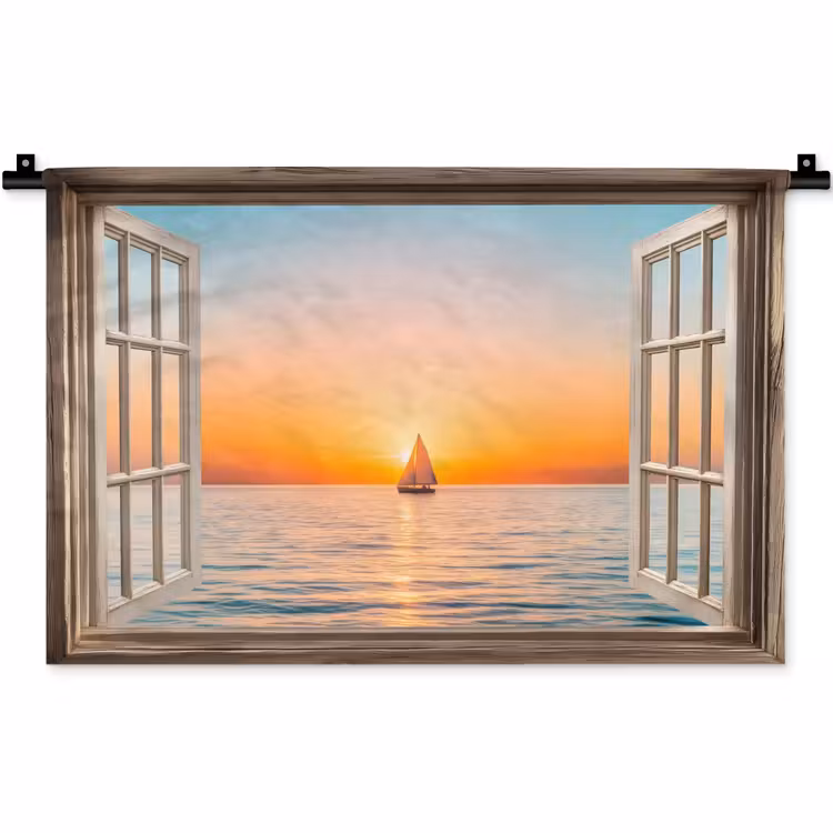 Doorkijk - Zee - Boot - Zonsondergang Wandkleed katoen klein -zz3d