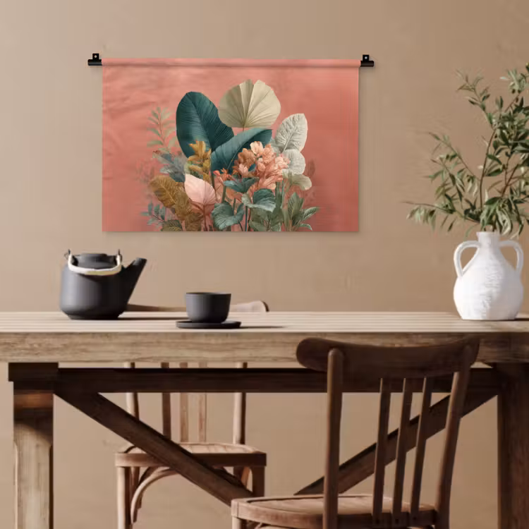 Tropische bladeren - Bloemen - Roze - groen Wandkleed katoen klein -sfeer6